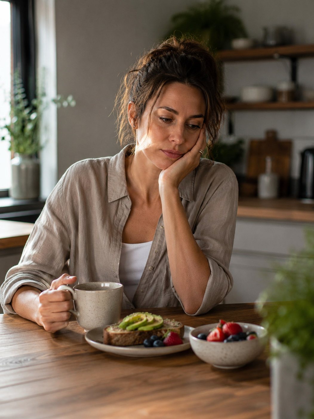 Mulher pensativa diante do café da manhã, cansada de recomeçar a dieta toda segunda-feira