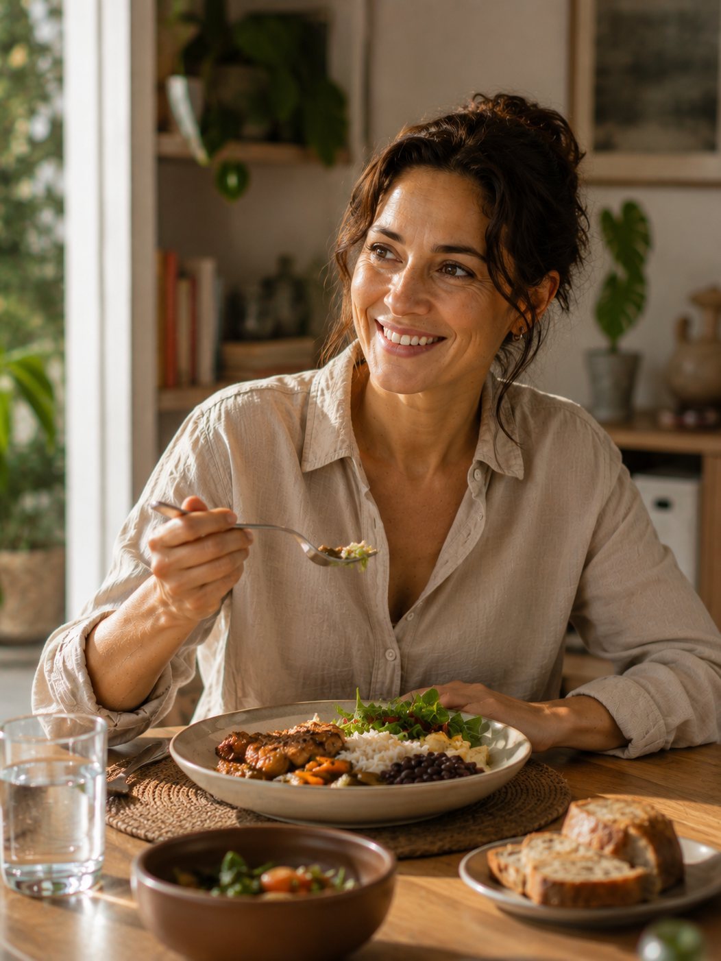 Mulher sorrindo enquanto almoça um prato equilibrado de arroz, feijão, carne e salada