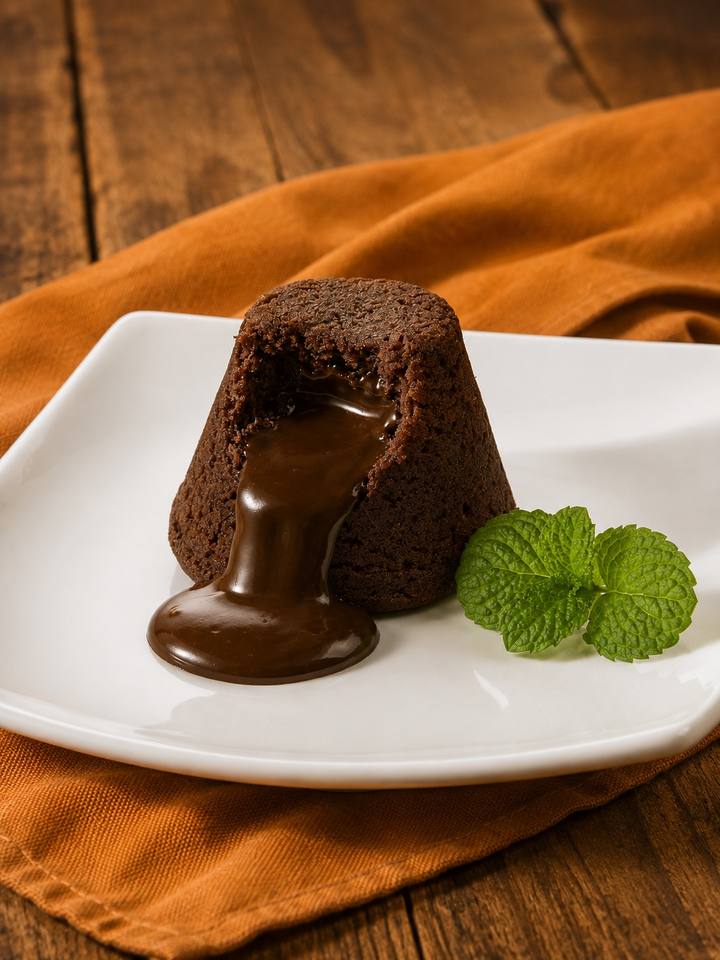 Bolo de chocolate com recheio cremoso escorrendo, em prato branco com folhas de hortelã