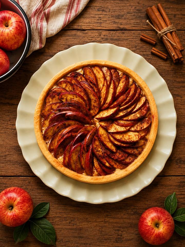 Torta de maçã com fatias dispostas em espiral e polvilhadas com canela, sobre mesa de madeira