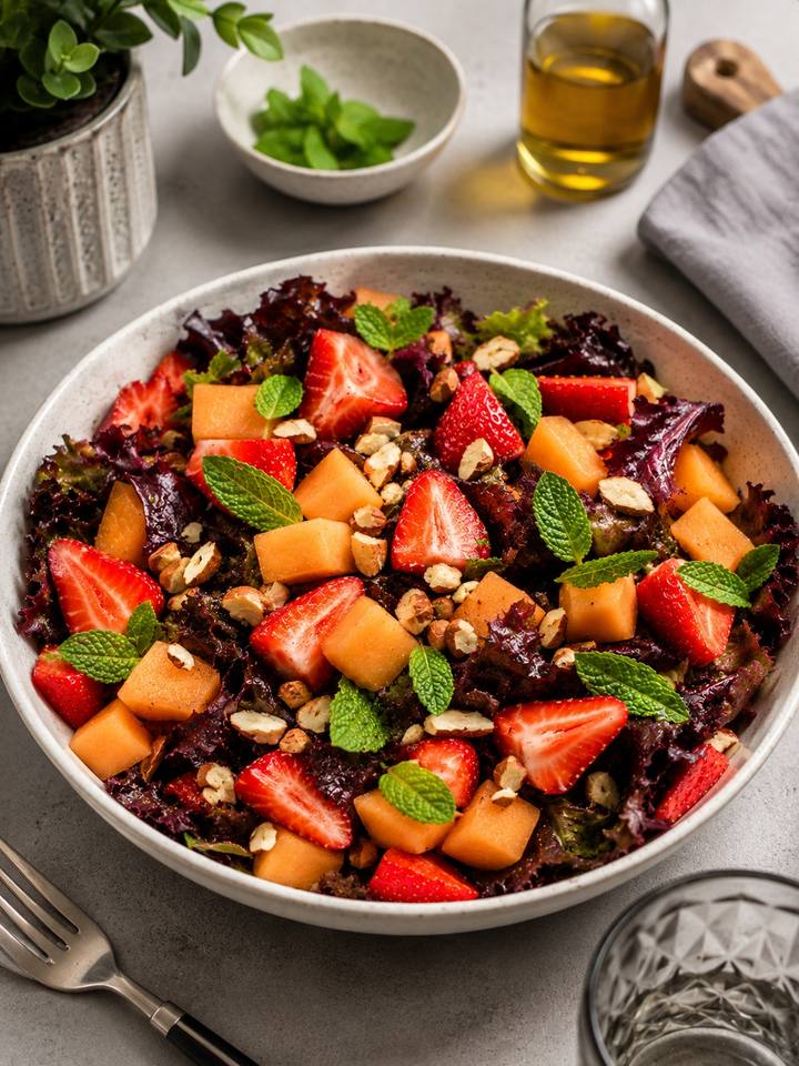 Salada de folhas roxas com morango, cubos de melão, castanhas picadas e hortelã, em tigela branca